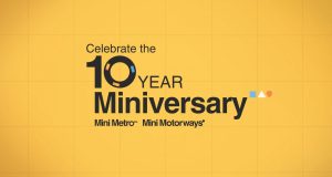 The words "Celebrate the 10 Year Miniversary, Mini Metro, Mini Motorways" are written in black on a yellow background.