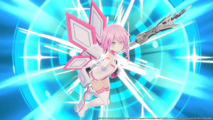 A screenshot from Neptune: Sister VS Sister. A girl with short pink hair is wearing a white and pink leotard, and has white and pink mechanical wings.