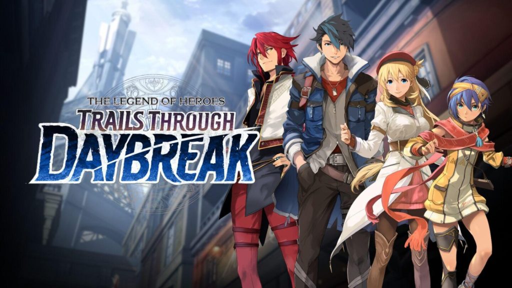 The key art for The Legend of Heroes: Trails Through Daybreak. On the left is the game's logo. On the right are four characters: a man with red hair, a man with somewhat spiky blue-black hair, a girl with long blonde hair and a red hat, and a girl with short purple hair and a yellow headband.