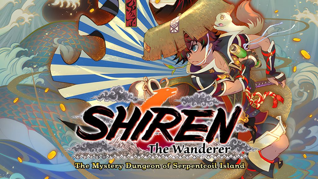 The key art for Shiren the Wanderer: The Mystery Dungeon of Serpentcoil Island. It features the game's logo, Shiren, and his white ferret.