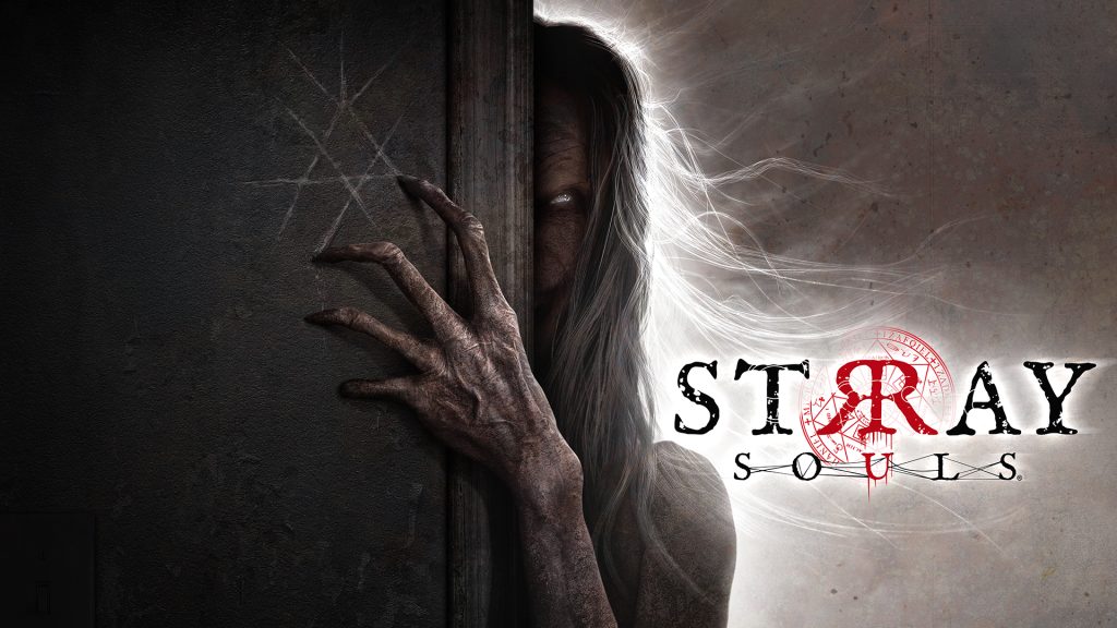 The key art for Stray Souls. A creepy, naked old woman peers out from behind a wall. Her fingers are claw-like, her eyes are white, and her silver hair is stringy.