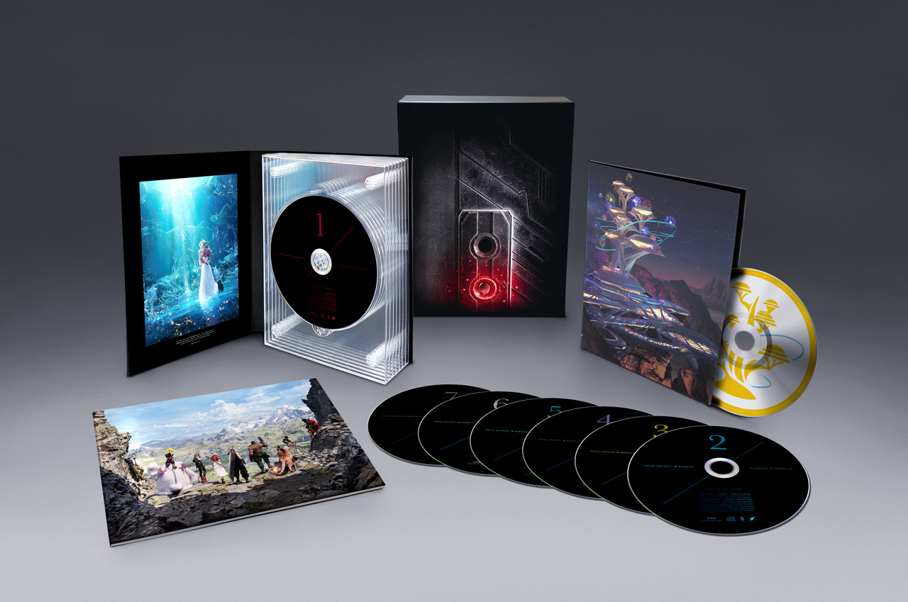 A packshot of the ~ Special edit version ~ of the Final Fantasy VII Rebirth Original Soundtrack. There are seven CDs (one inside a case with seven plastic CD holders), a postcard-sized screenshot from the game, a bonus CD of mini-game music, and a fancy box to put it all in.