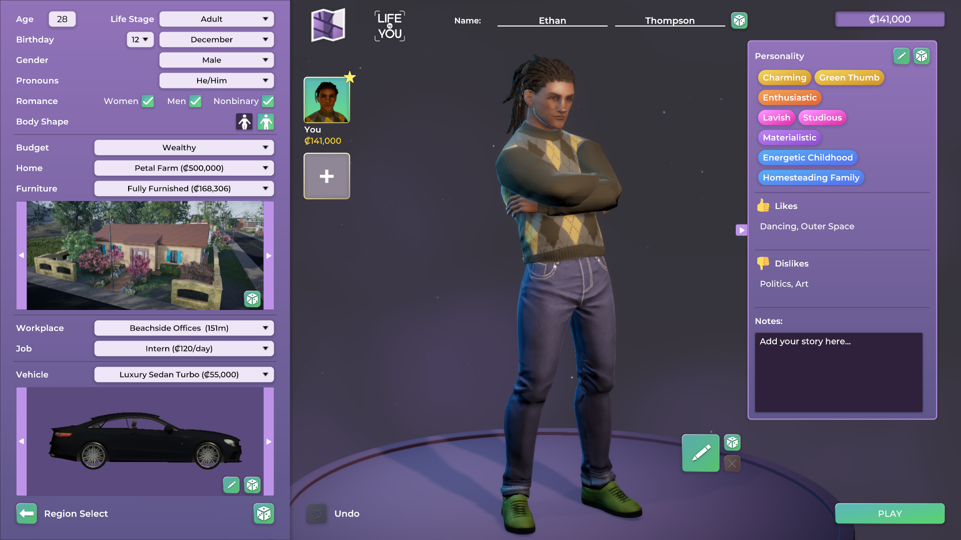 A screenshot of the character creator in Life By You.