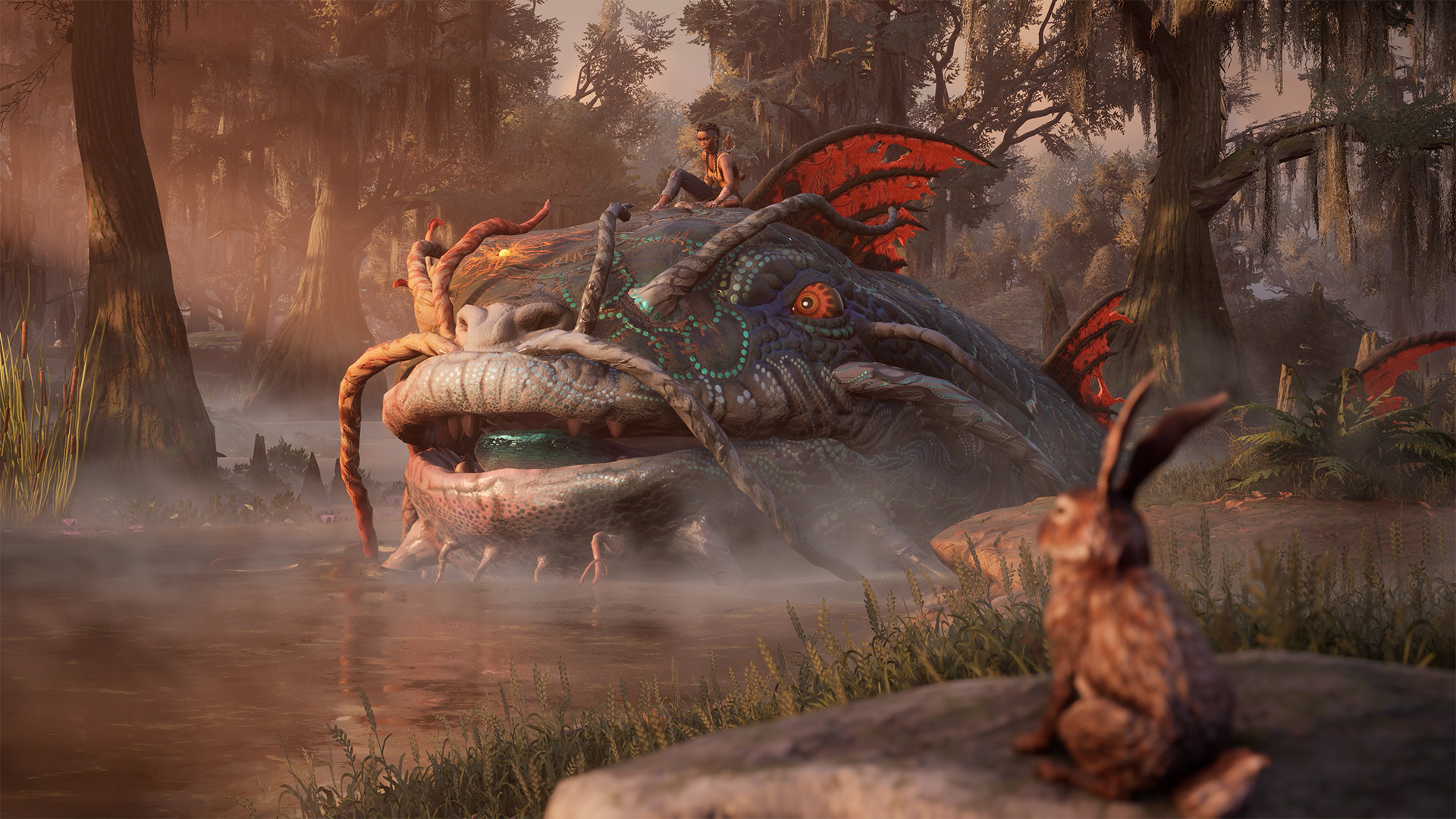 A screenshot from South of Midnight. Hazel, a black woman with long dreads, sits on top of a giant catfish. A bunny is in the foreground.