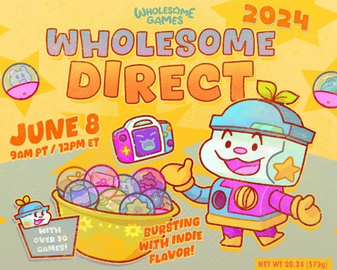Artwork for Wholesome Games' Wholesome Direct, June 8 at 9 a.m. PT. With over 70 games, it's bursting with indie flavour!