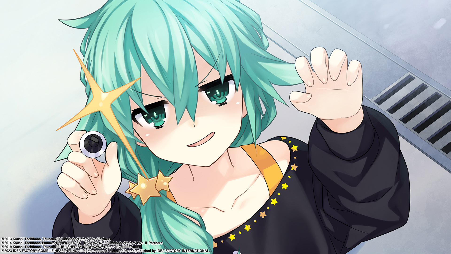 A screenshot of Natsumi from Live A Live: Ren Dystopia. She has long blue-green hair tied back to one side, and she is pointing something (maybe a flashlight) straight out towards the viewer.