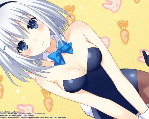 A screenshot of Origami from Date A Live: Ren Dystopia. She has chin-length grey hair and is wearing a black corset with a poofy white tail and black bunny ears.