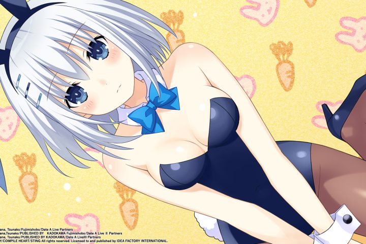 A screenshot of Origami from Date A Live: Ren Dystopia. She has chin-length grey hair and is wearing a black corset with a poofy white tail and black bunny ears.