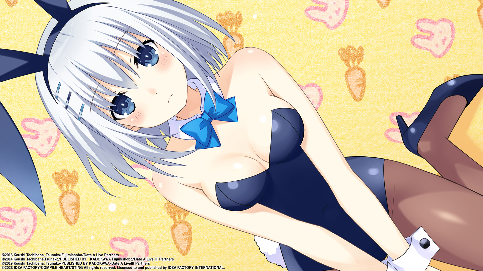 A screenshot of Origami from Date A Live: Ren Dystopia. She has chin-length grey hair and is wearing a black corset with a poofy white tail and black bunny ears.