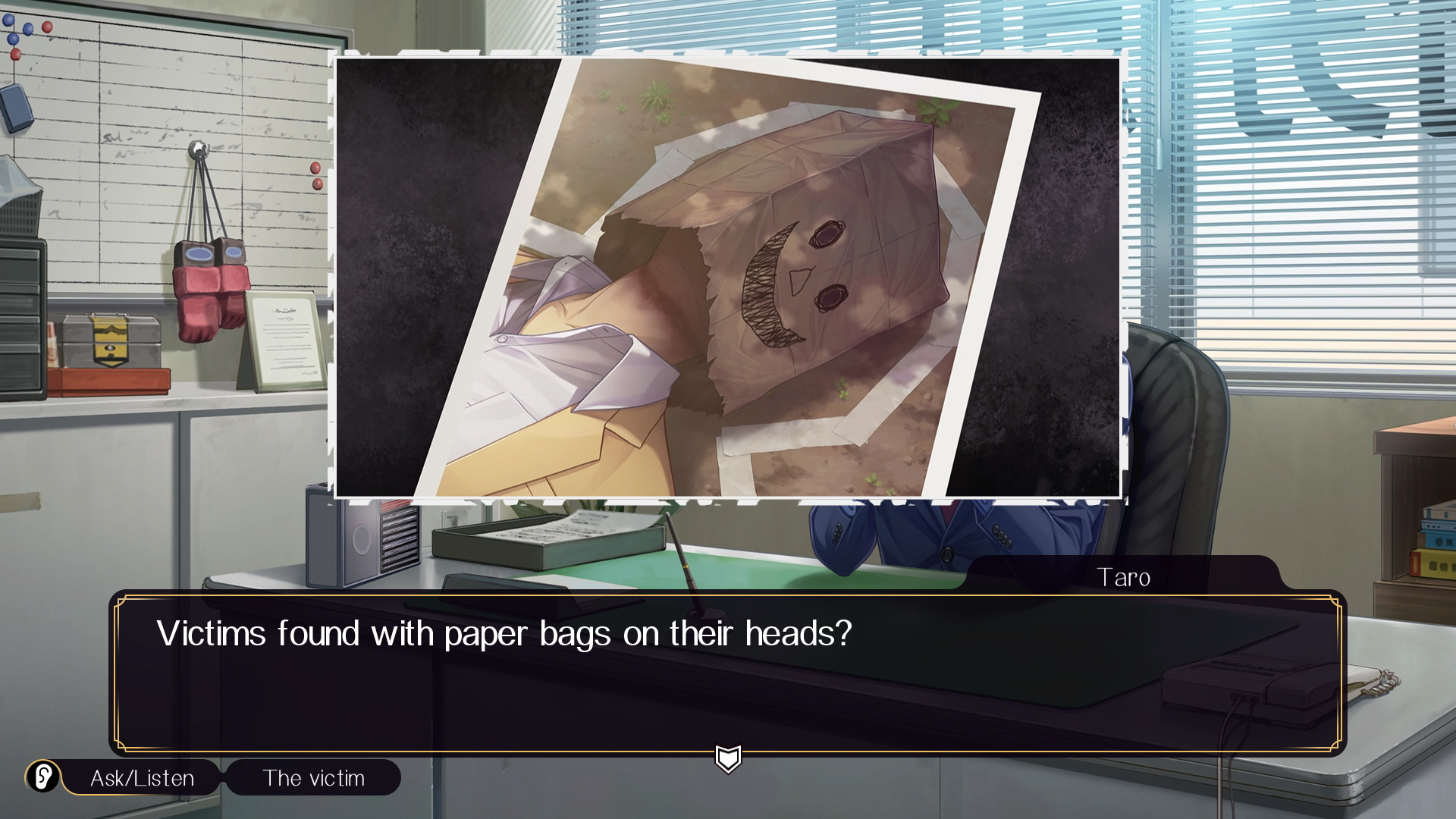 A screenshot from Emio – The Smiling Man: Famicom Detective Club. There is an image of a dead body wearing a beige suit with a paper bag over its head, outlined in white tape. The text is Taro speaking: "Victims with paper bags found on their heads?"