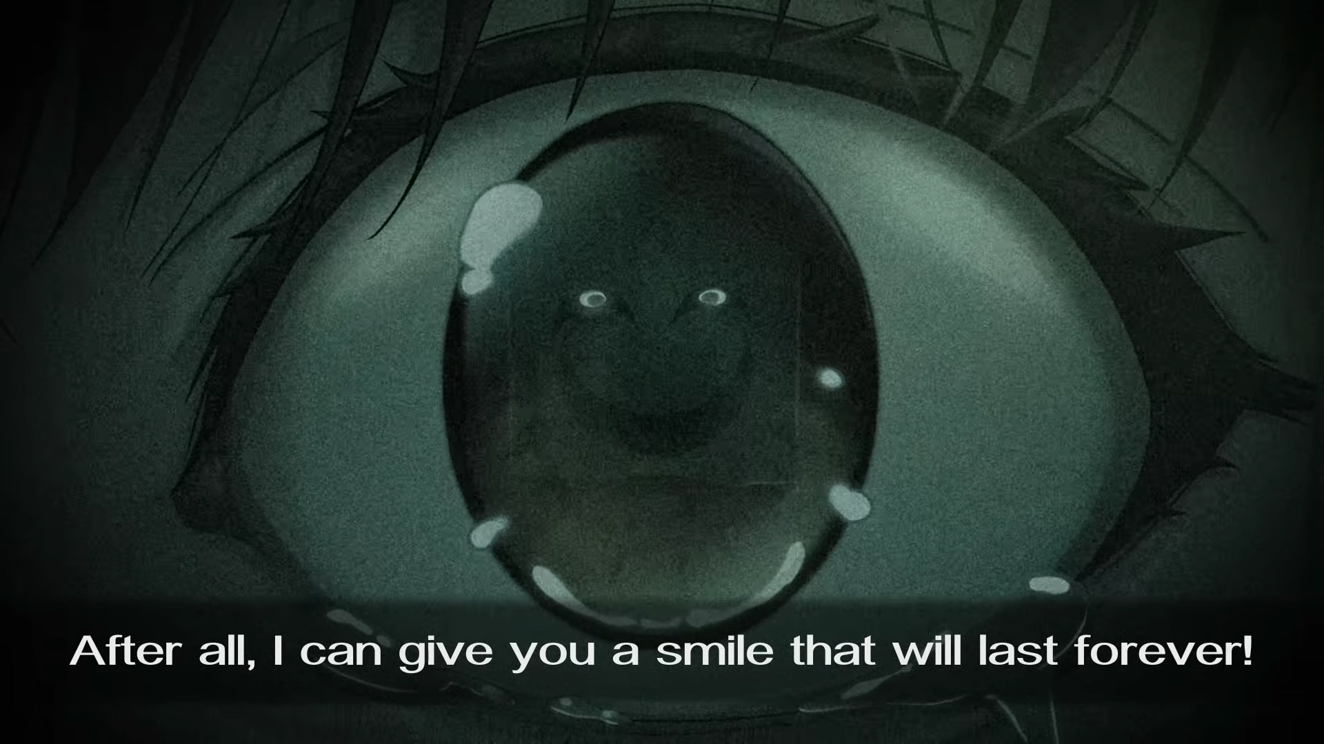 A screenshot from Emio – The Smiling Man: Famicom Detective Club. The entire image is grainy, dark, and tinted green. It is a close-up of an eye. Reflected in the eye is someone wearing a creepy smiling paper bag over their head. The text reads, "After all, I can give you a smile that lasts forever."