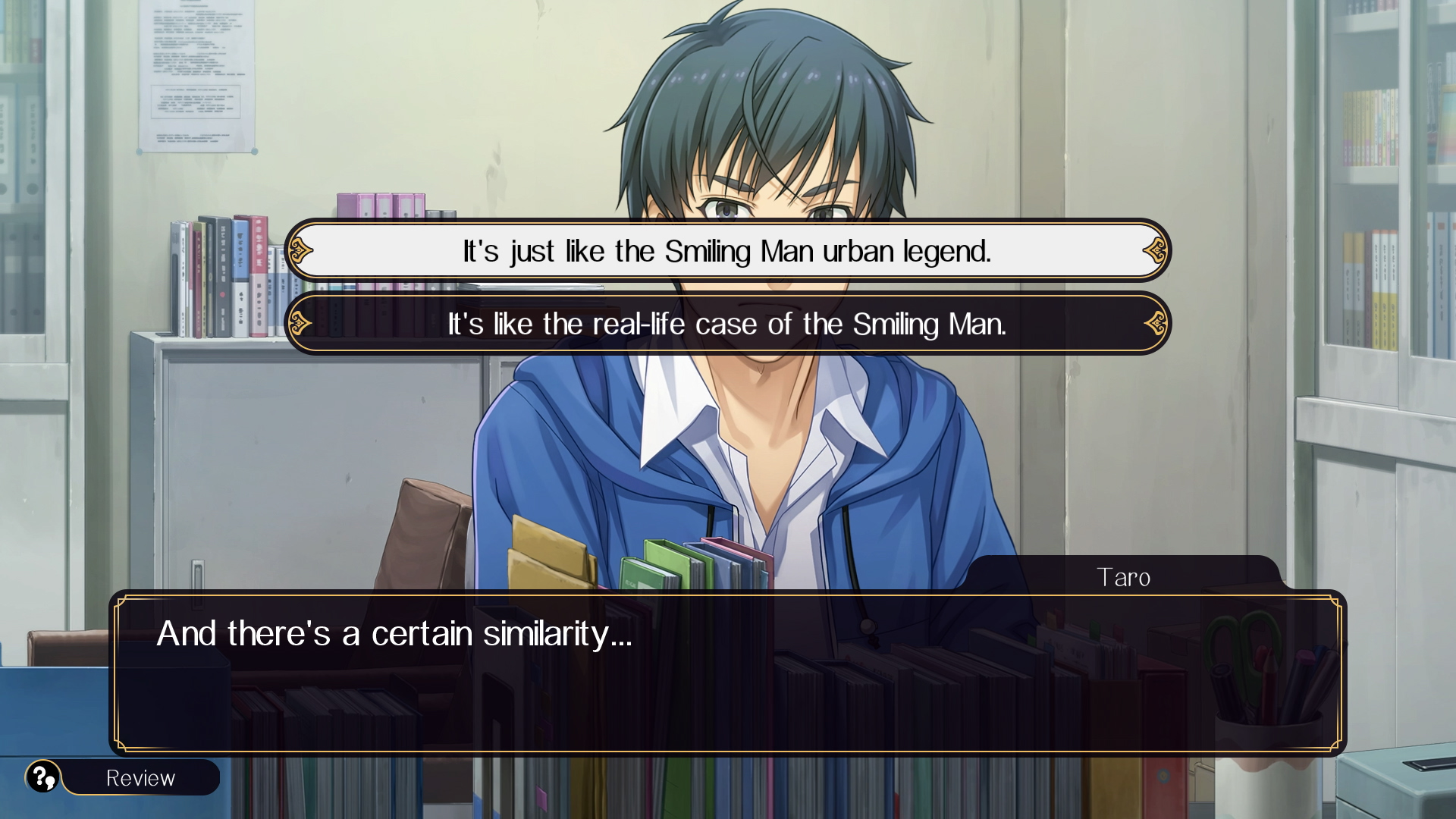 A screenshot from Emio – The Smiling Man: Famicom Detective Club. A man with short, shaggy black hair stands behind text prompts. The options are "It's just like the Smiling Man urban legend" and "It's like the real-life case of the Smiling Man." The prompts are possible responses for the text at the bottom that reads, "And there's a certain similarity..."