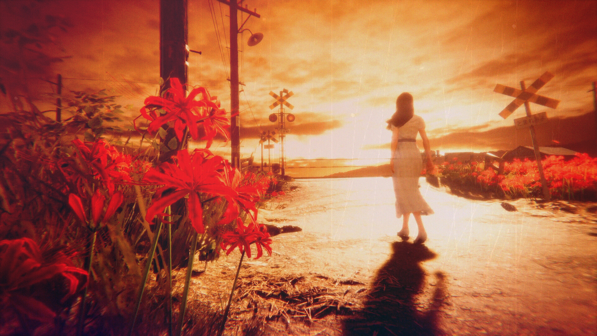 A screenshot from Hollow Cocoon's PC version. A woman with long black hair and wearing a white, calf-length flowy dress is seen from behind. She is walking down a dirt road towards a railway crossing. In the background, there are dark clouds with a large white spot near the horizon. Red flowers are seen close-up on the left side.