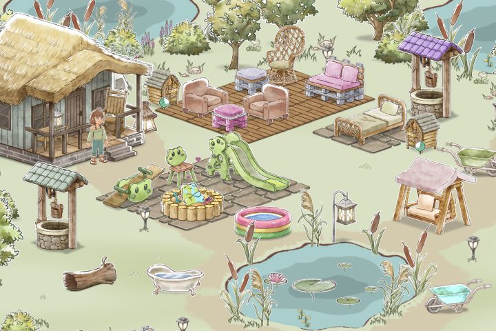A screenshot from Kamaeru: A Frog Refuge, provided to the press from the developer and/or publisher. A girl with a brown bob and a green sweater stands in front of a small, wooden, house-like structure. Around her is lots of lawn covered with various types of furniture, and a single frog lounging. There is a pond toward the bottom.