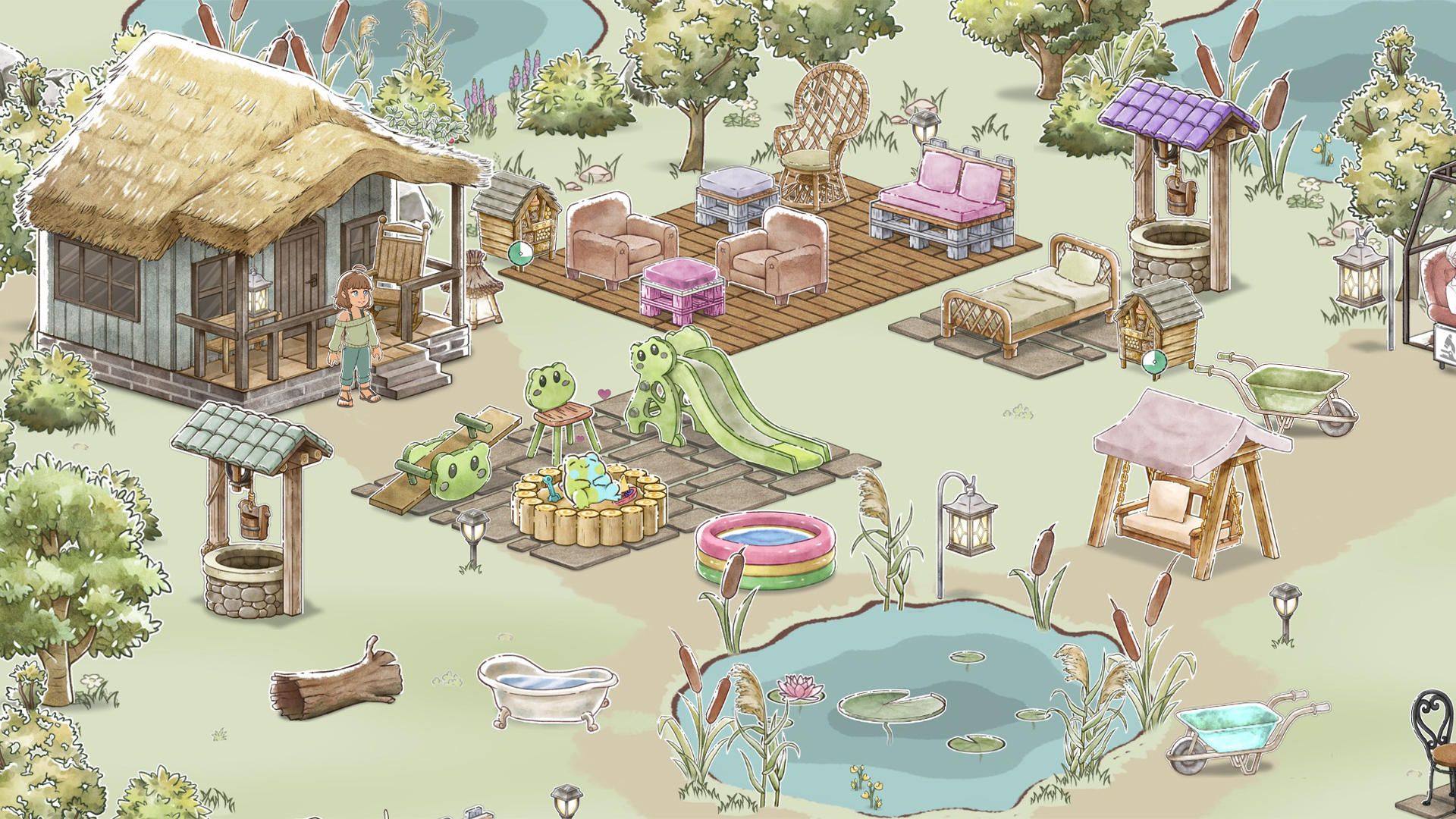 A screenshot from Kamaeru: A Frog Refuge, provided to the press from the developer and/or publisher. A girl with a brown bob and a green sweater stands in front of a small, wooden, house-like structure. Around her is lots of lawn covered with various types of furniture, and a single frog lounging. There is a pond toward the bottom.