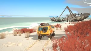 A screenshot from Caravan SandWitch. We see the back of a yellow van as it drives down a sandy beach towards what appears to be a fallen satellite.