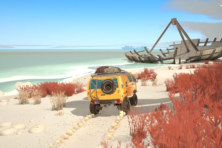 A screenshot from Caravan SandWitch. We see the back of a yellow van as it drives down a sandy beach towards what appears to be a fallen satellite.