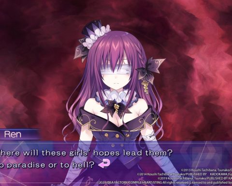 A screenshot of Ren in Date A Live: Ren Dystopia. Her eyes are covered by a bandage wrapped around her head. She speaks: "Where will these girls' hopes lead them? To paradise or to hell?