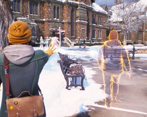 A screenshot from the announcement of Life is Strange: Double Exposure. It is winter on a college campus, and Max pursues Moses and uses her Pulse power.