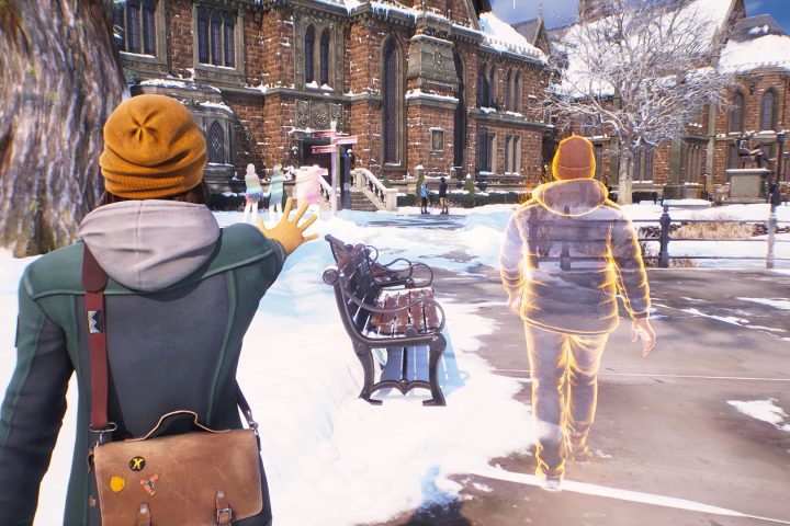 A screenshot from the announcement of Life is Strange: Double Exposure. It is winter on a college campus, and Max pursues Moses and uses her Pulse power.