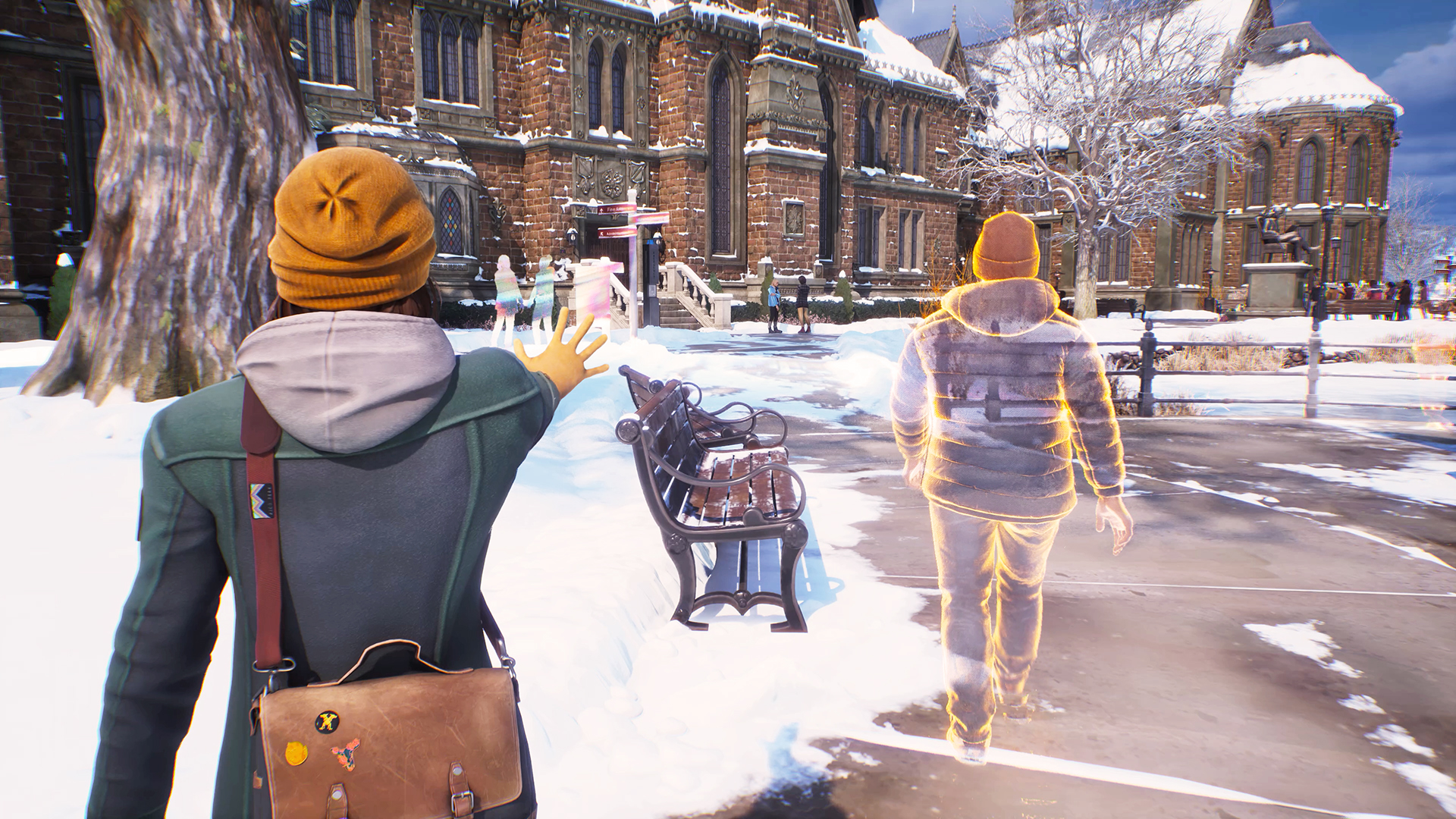 A screenshot from the announcement of Life is Strange: Double Exposure. It is winter on a college campus, and Max pursues Moses and uses her Pulse power.