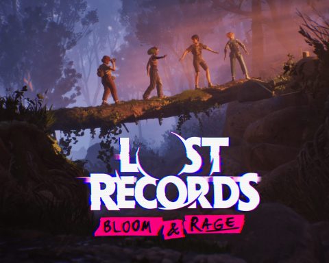 A screenshot from Lost Records: Bloom & Rage depicting three female teens walking across a log to bridge a gap. The game's logo is at the bottom centre.