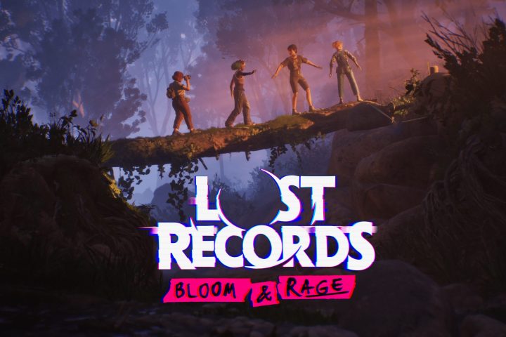 A screenshot from Lost Records: Bloom & Rage depicting three female teens walking across a log to bridge a gap. The game's logo is at the bottom centre.