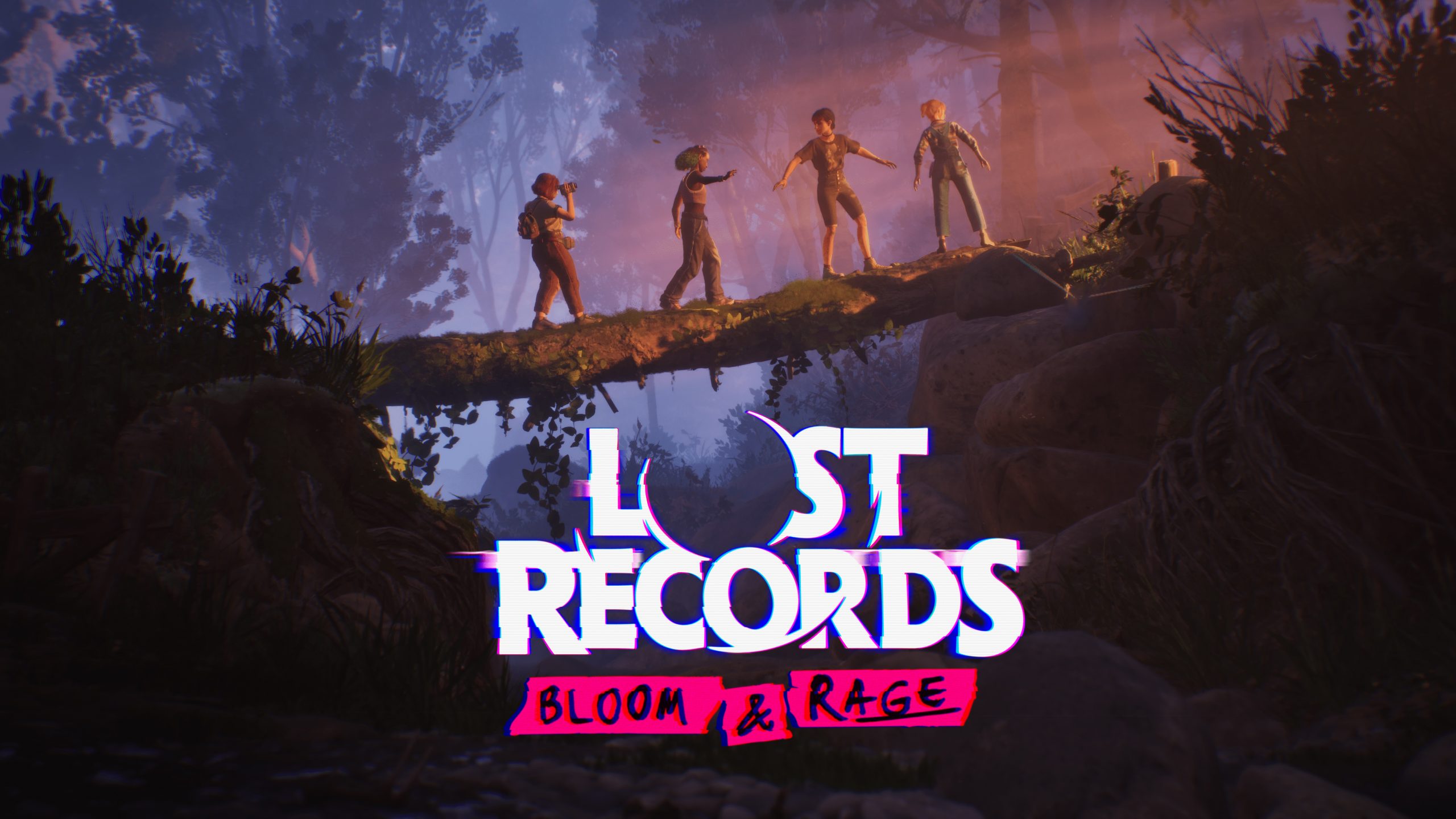 A screenshot from Lost Records: Bloom & Rage depicting three female teens walking across a log to bridge a gap. The game's logo is at the bottom centre.