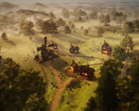 A screenshot of several rural homes from Masters of Albion.