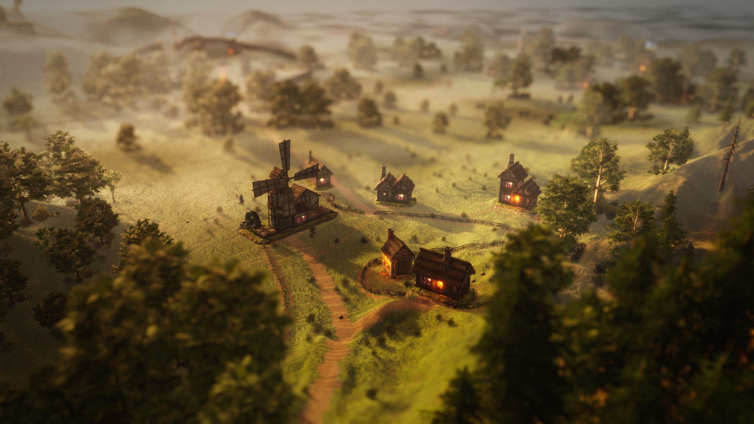 A screenshot of several rural homes from Masters of Albion.