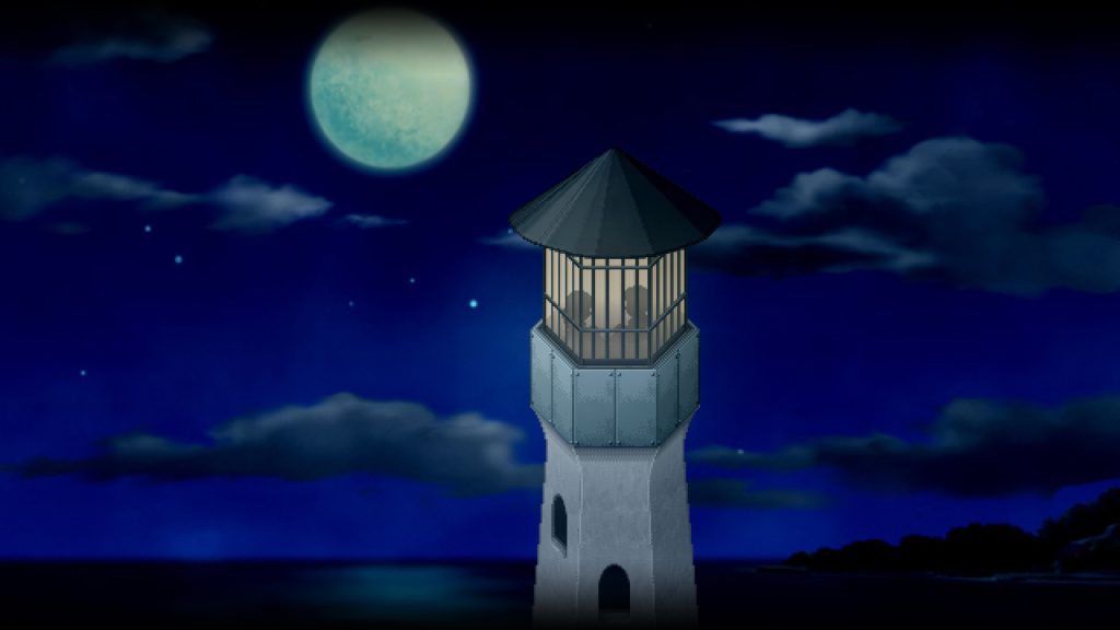 A screenshot from To The Moon / The Beach Episode. A lighthouse stands in front of an inky night sky that comes complete with a full moon.