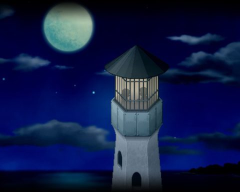 A screenshot from To The Moon / The Beach Episode. A lighthouse stands in front of an inky night sky that comes complete with a full moon.