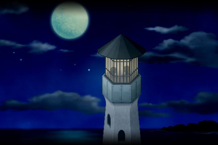 A screenshot from To The Moon / The Beach Episode. A lighthouse stands in front of an inky night sky that comes complete with a full moon.