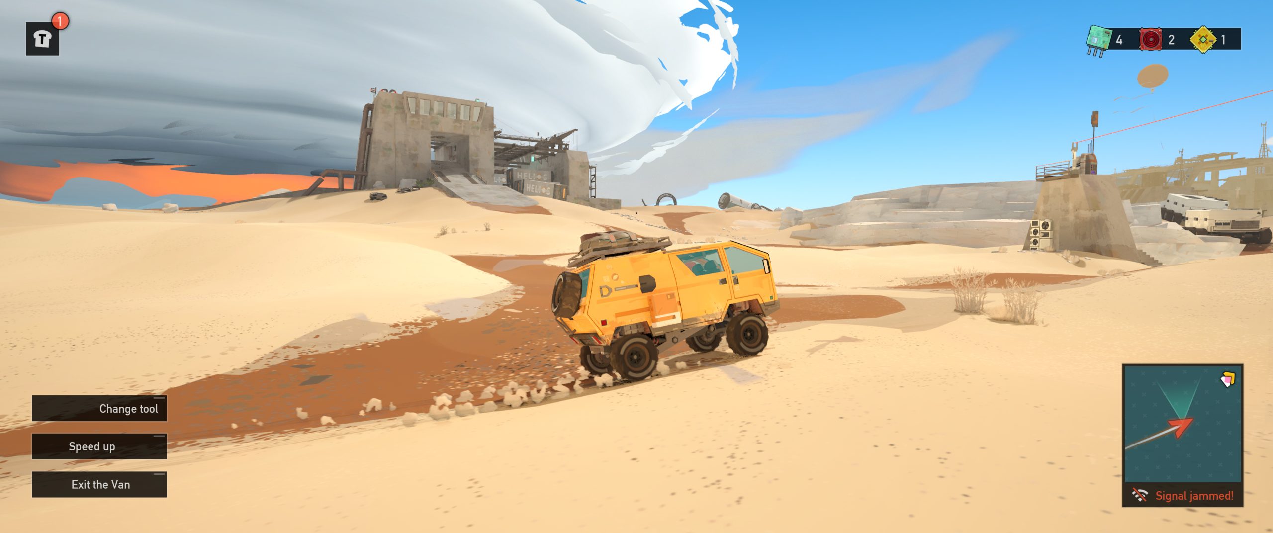 A screenshot of my yellow van zooming through the vast desert in Caravan SandWitch.