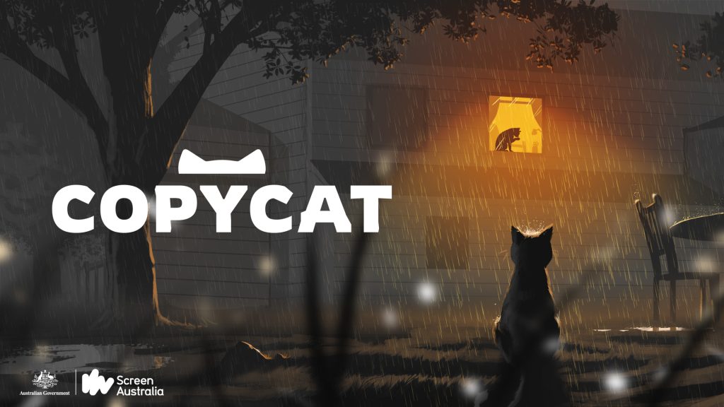 The key art for Copycat. One cat sits outdoors at night, looking up through a light-filled window at another cat.