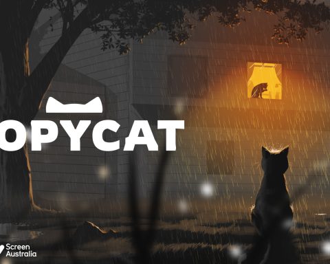 The key art for Copycat. One cat sits outdoors at night, looking up through a light-filled window at another cat.