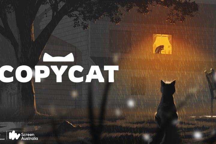 The key art for Copycat. One cat sits outdoors at night, looking up through a light-filled window at another cat.