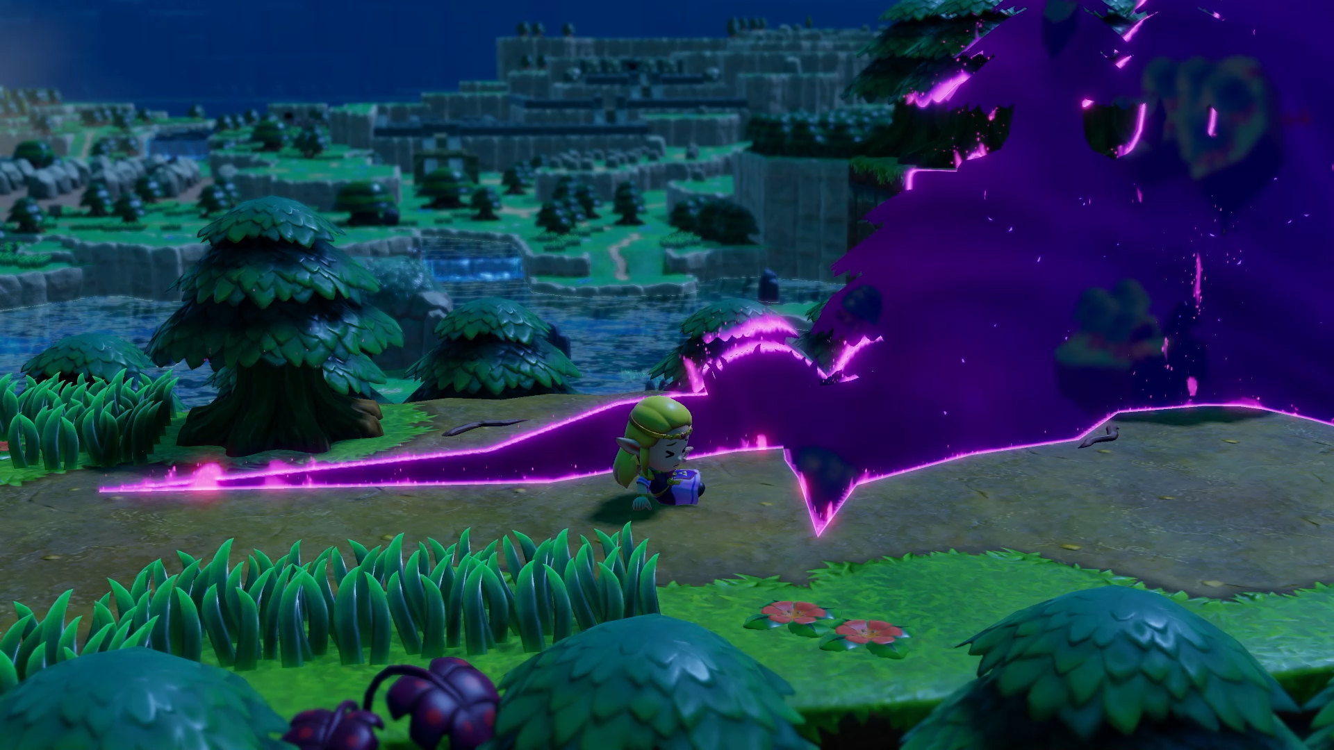 A screenshot from The Legend of Zelda: Echoes of Wisdom. It is nighttime and Zelda is outside next to a rift.