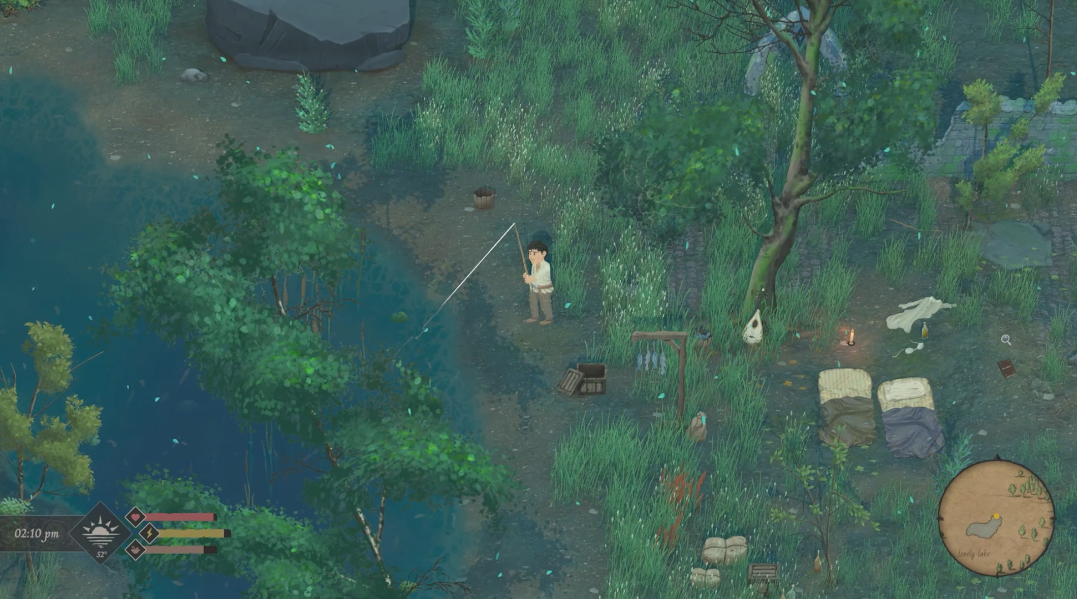 A screenshot of a dark-haired man fishing in Mirthwood.