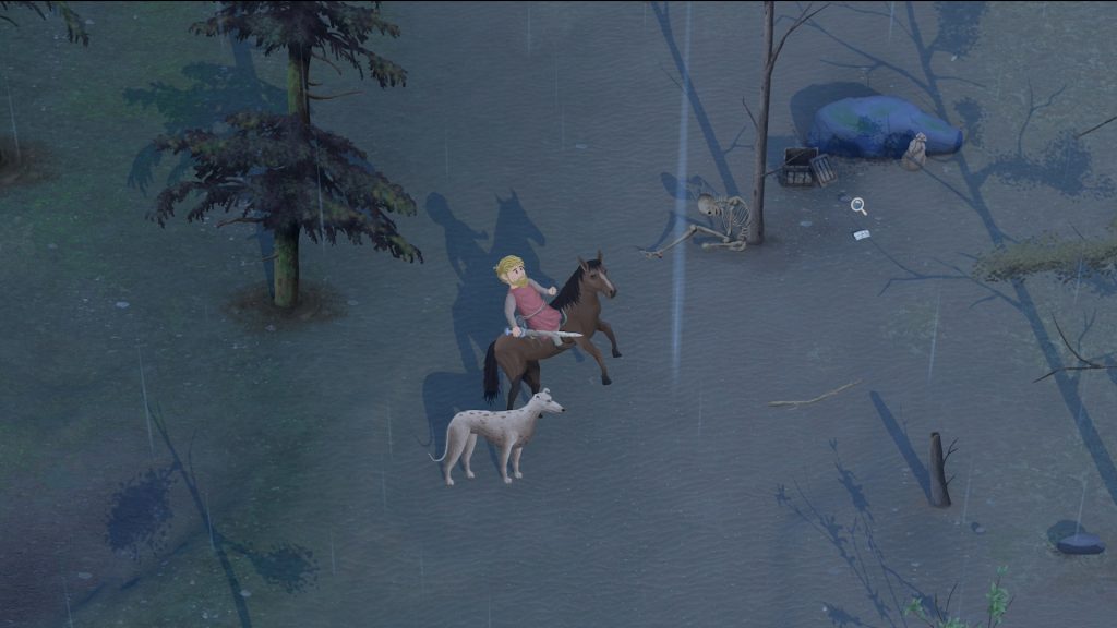 A screenshot from Mirthwood. A blonde, bearded man is struggling to get his brown horse under control in the rainy, dark woods. A white dog accompanies him. A human skeleton sits under a tree.