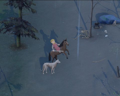 A screenshot from Mirthwood. A blonde, bearded man is struggling to get his brown horse under control in the rainy, dark woods. A white dog accompanies him. A human skeleton sits under a tree.