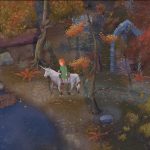 A screenshot from Mirthwood. A person wearing green and with long, orange hair is riding on a unicorn through an autumn forest.