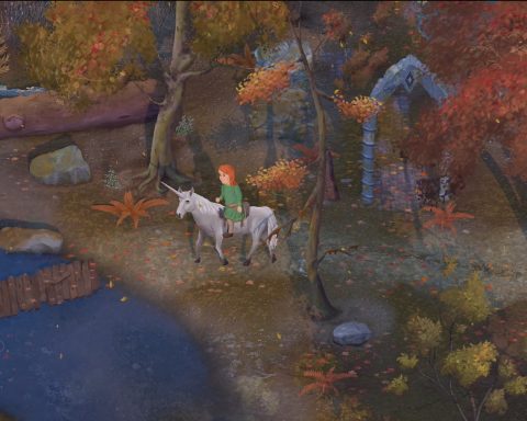 A screenshot from Mirthwood. A person wearing green and with long, orange hair is riding on a unicorn through an autumn forest.