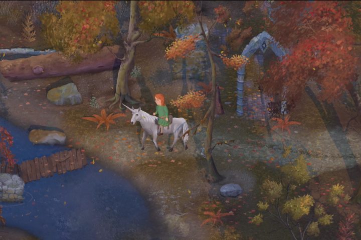 A screenshot from Mirthwood. A person wearing green and with long, orange hair is riding on a unicorn through an autumn forest.