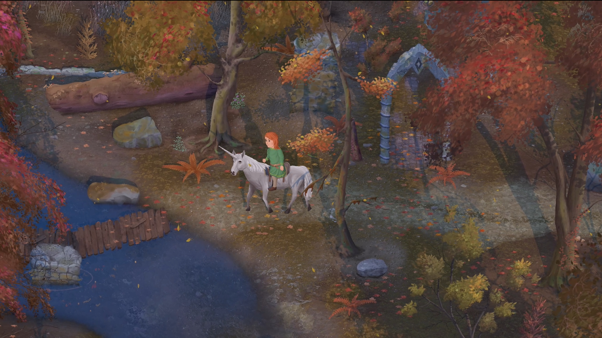 A screenshot from Mirthwood. A person wearing green and with long, orange hair is riding on a unicorn through an autumn forest.