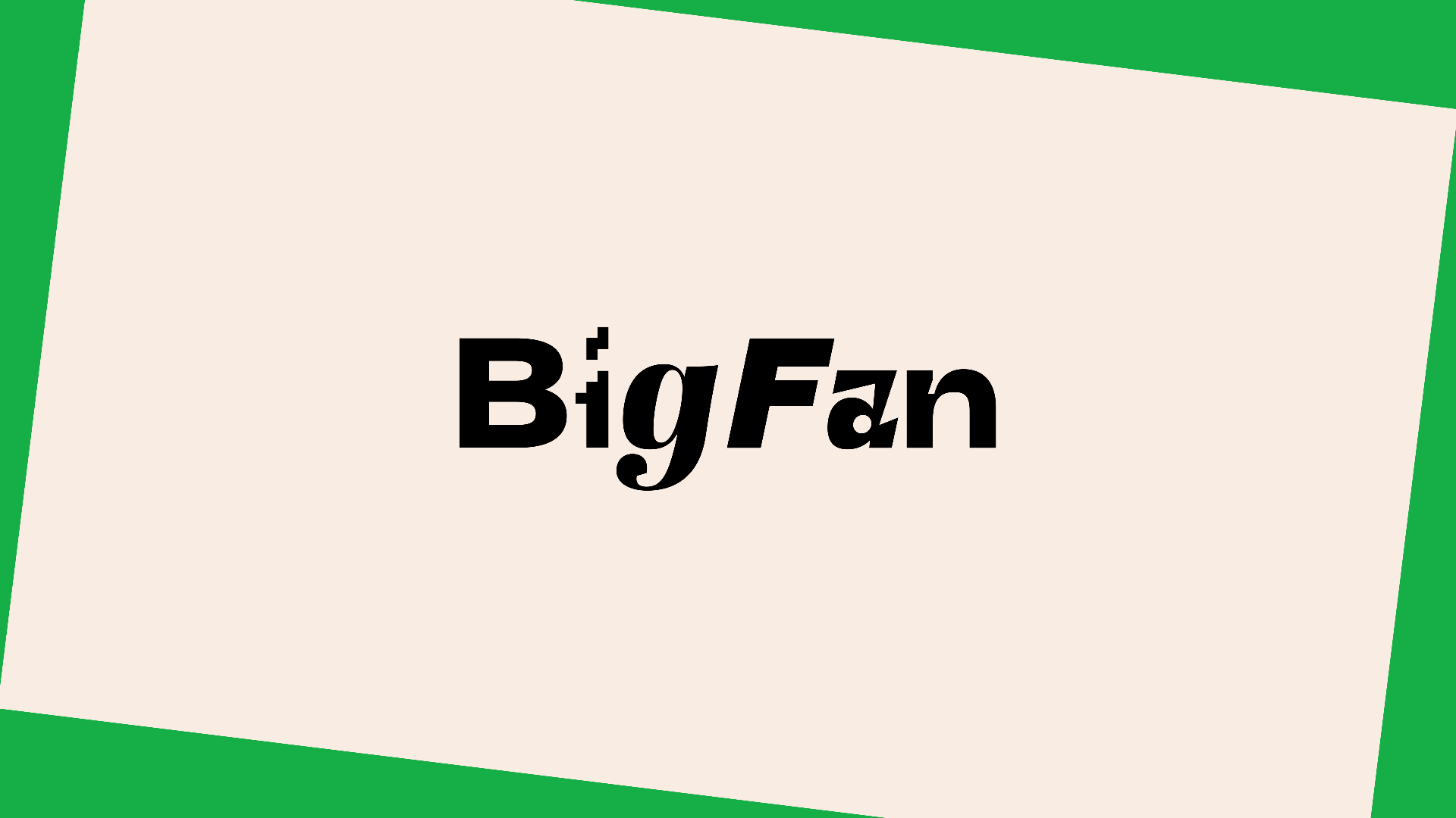 Big Fan Game's logo in black, on a beige background with green in the corners.