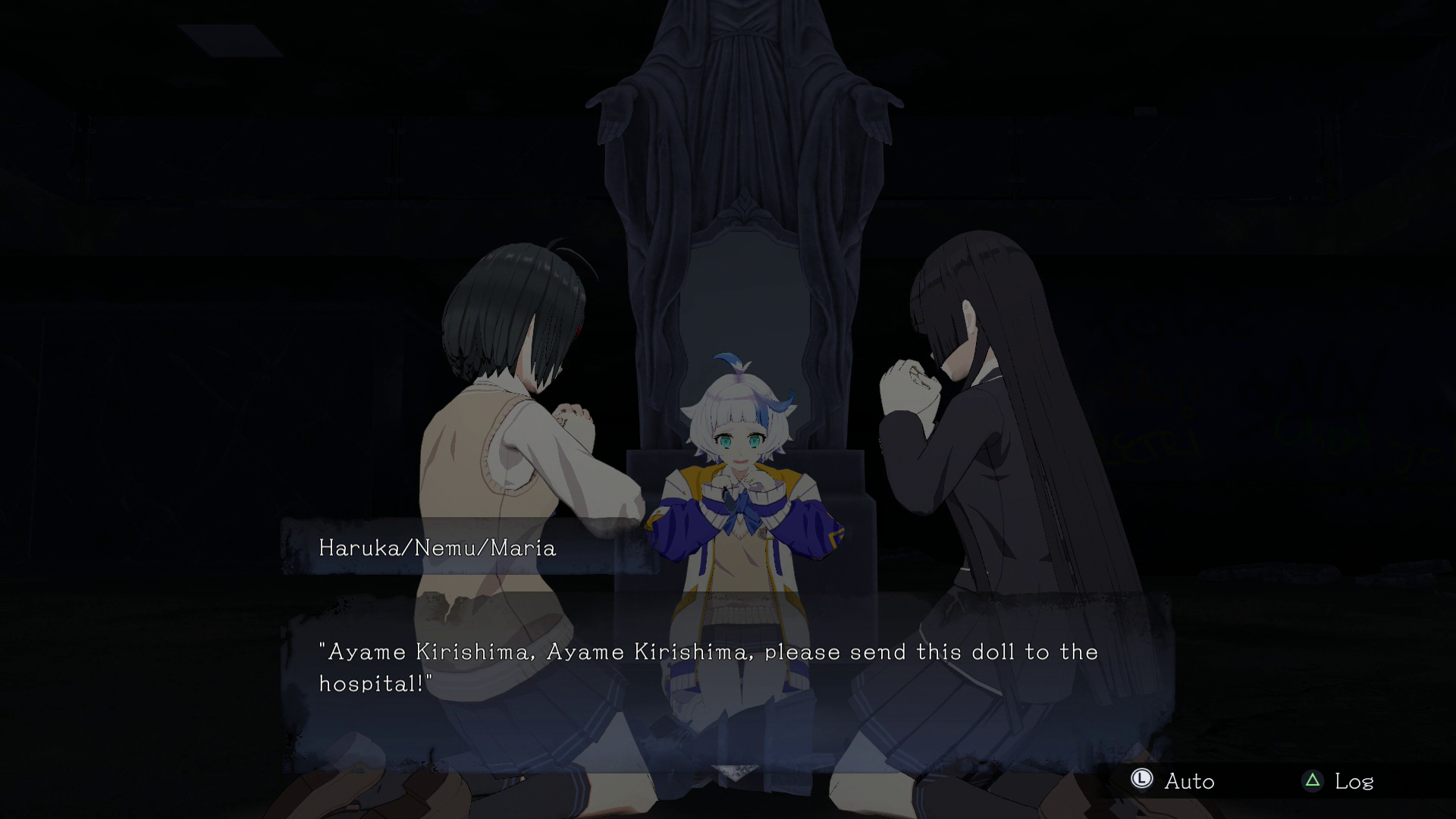 A screenshot from 
Corpse Party II: Darkness Distortion.

Haruka, Nemu, Maria are sitting in a circle on the floor, chanting:

"Ayame Kirishima, Ayame Kirishima, please send this doll to the hospital!"