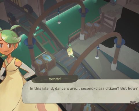 A screenshot from Mentari. In it, a girl with short blue hair and a cream-coloured gown questions, "In this island, dancers are... second-class citizen(s)? But how?"