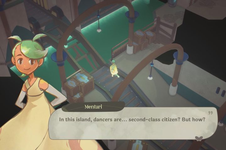 A screenshot from Mentari. In it, a girl with short blue hair and a cream-coloured gown questions, "In this island, dancers are... second-class citizen(s)? But how?"