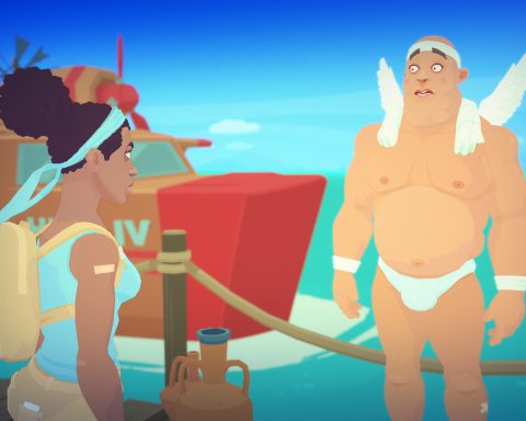 A screenshot of Alex and Hermes speaking in Mythwrecked: Ambrosia Island.